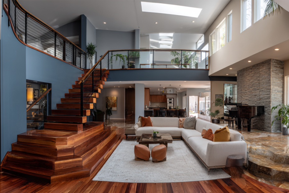 Modern split-level home remodel in California featuring three staggered floor levels, open-concept living spaces, floating oak staircases and contemporary interior design.