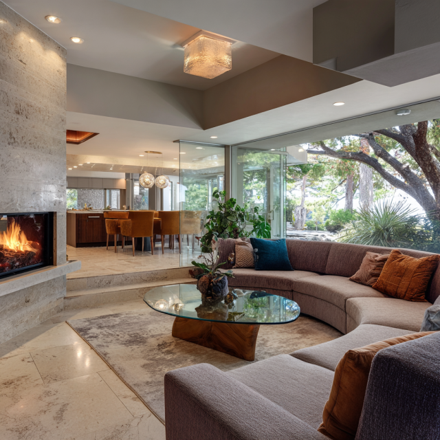 Modern split-level home remodel in California featuring an open-concept living room, contemporary kitchen, elegant dining area and floor-to-ceiling windows overlooking a landscaped garden.